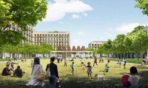 rendering of large open green space in an urban devleopment