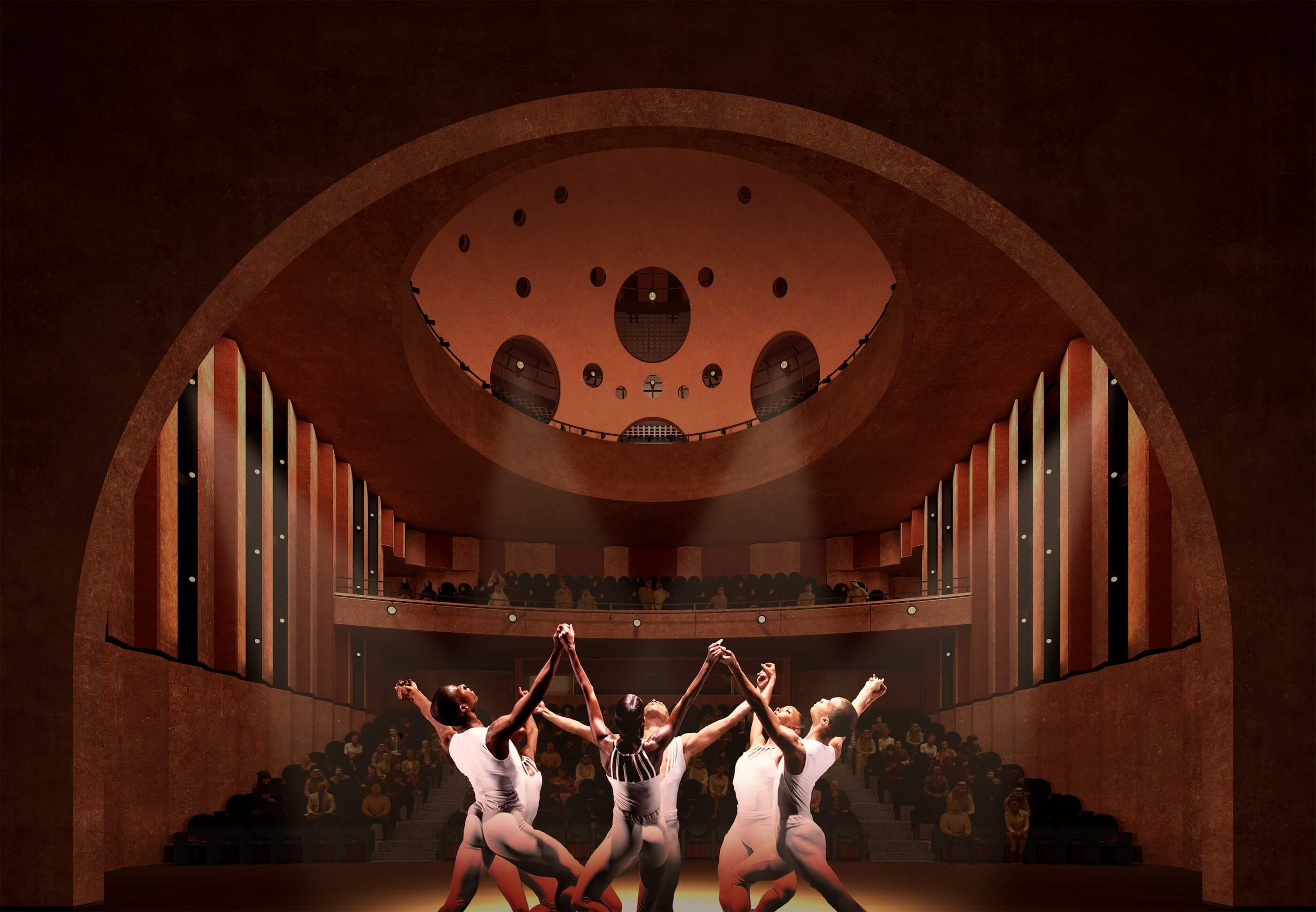rendering of a dance performance taking place on a stage