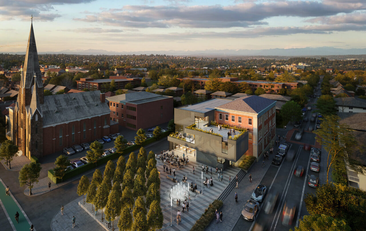 aerial rendering of a building with a public plaza, the future newark community museum