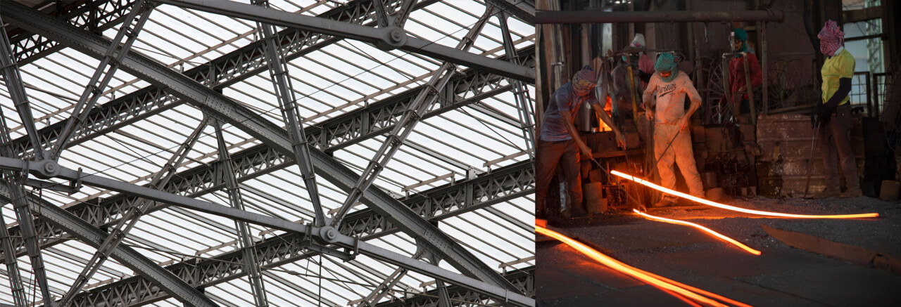 collage of two photographs depicting a steel girder and the source of that steel