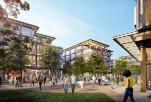 Rendering of a facebook neighborhood with canopy on top of buildings