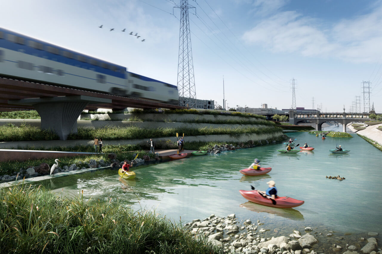 Rendering of kayakers rowing up the revitalized River-Side Gateway