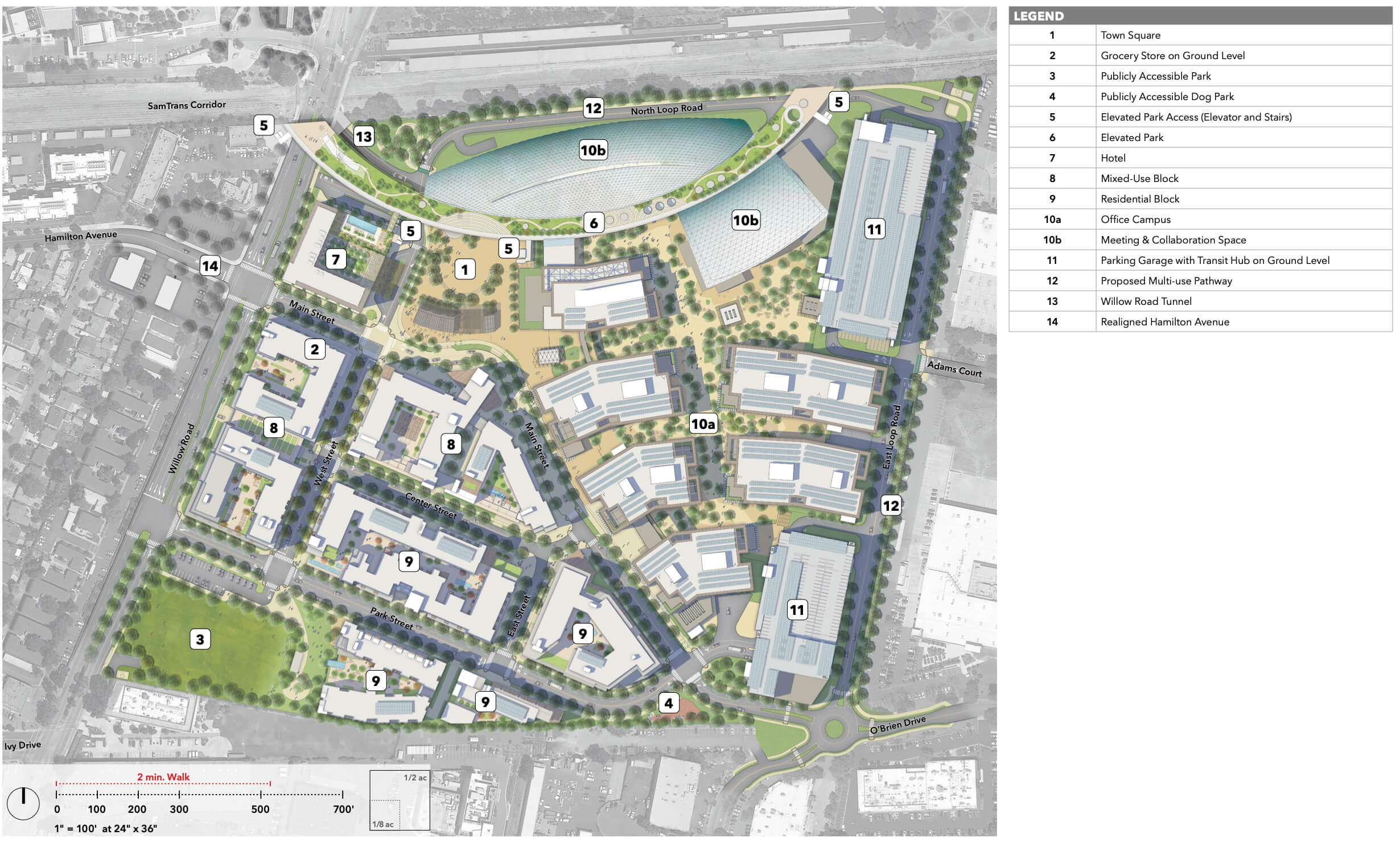 Aerial site plan of a mixed-use neighborhood arranged in a diamond pattern