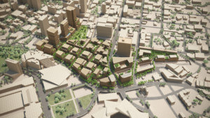 aerial rendering of a future development in atlanta, centennial yards