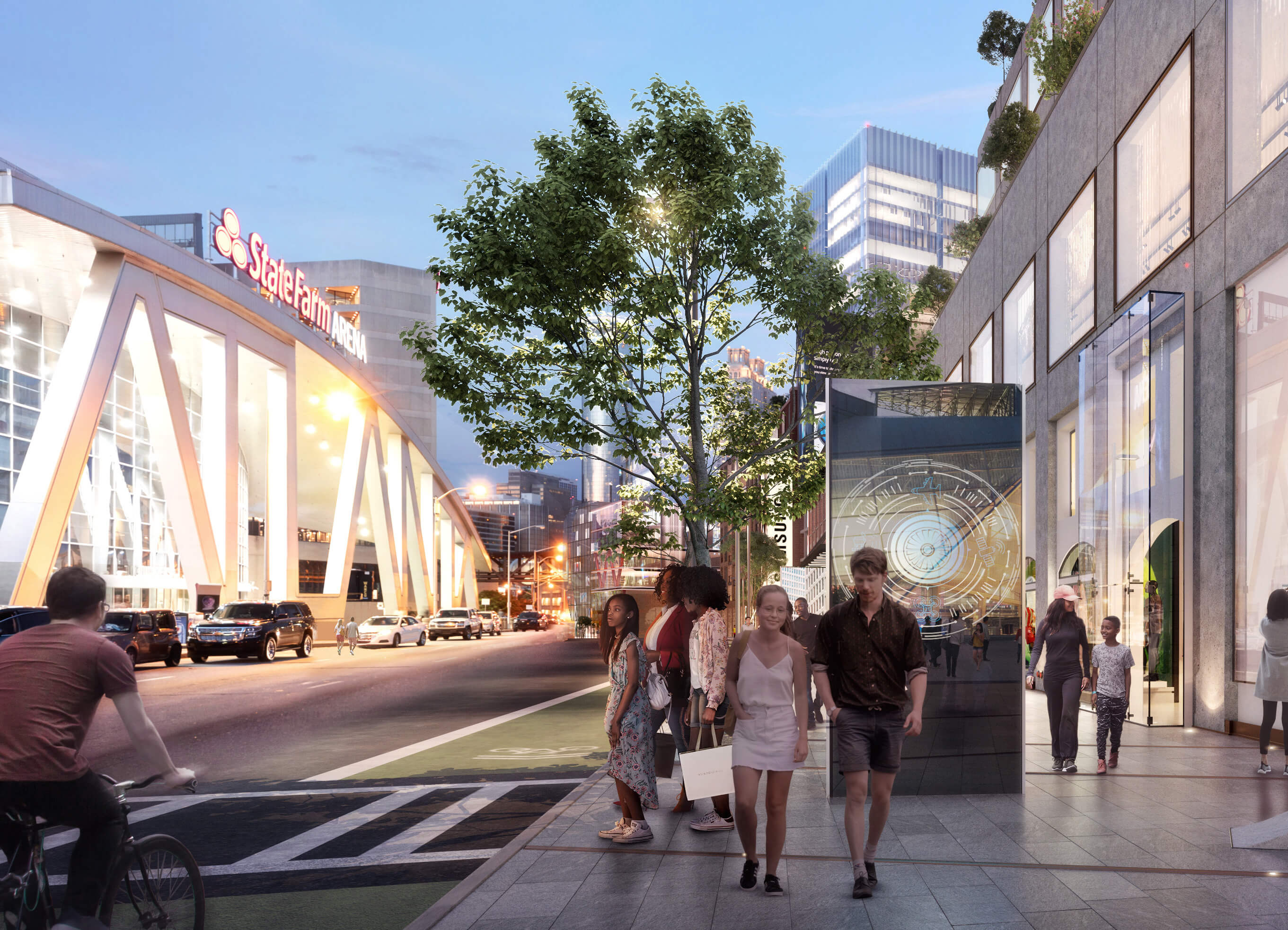 rendering of a busy street within a mixed-use entertainment district