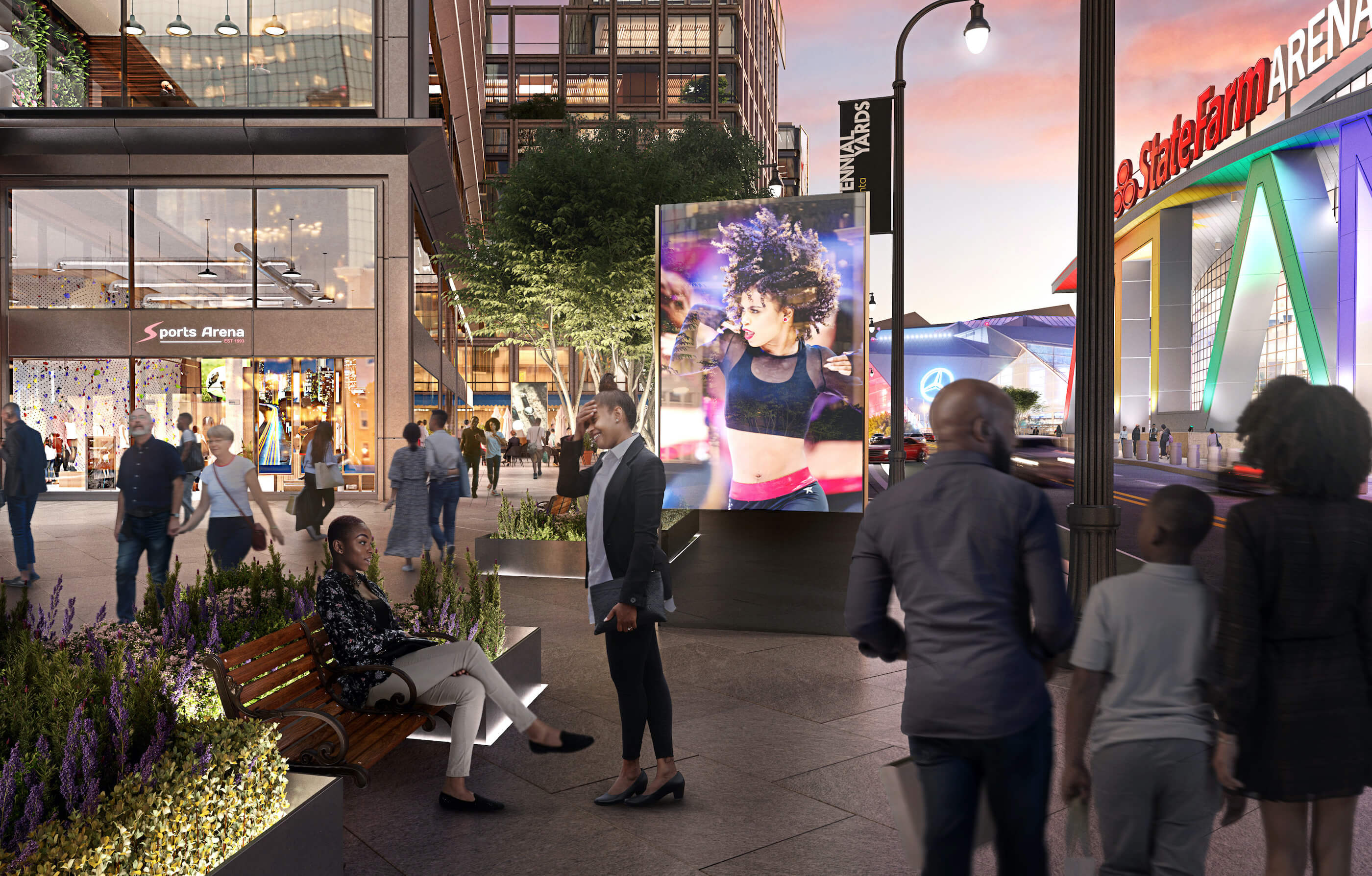 rendering of a bustling public plaza opposite an atlanta sports arenea