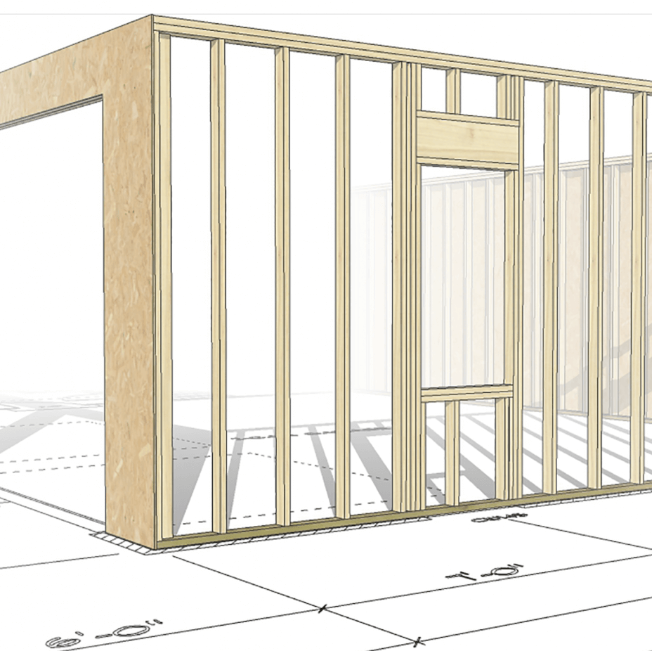 a 3d rendering of a timber frame structure