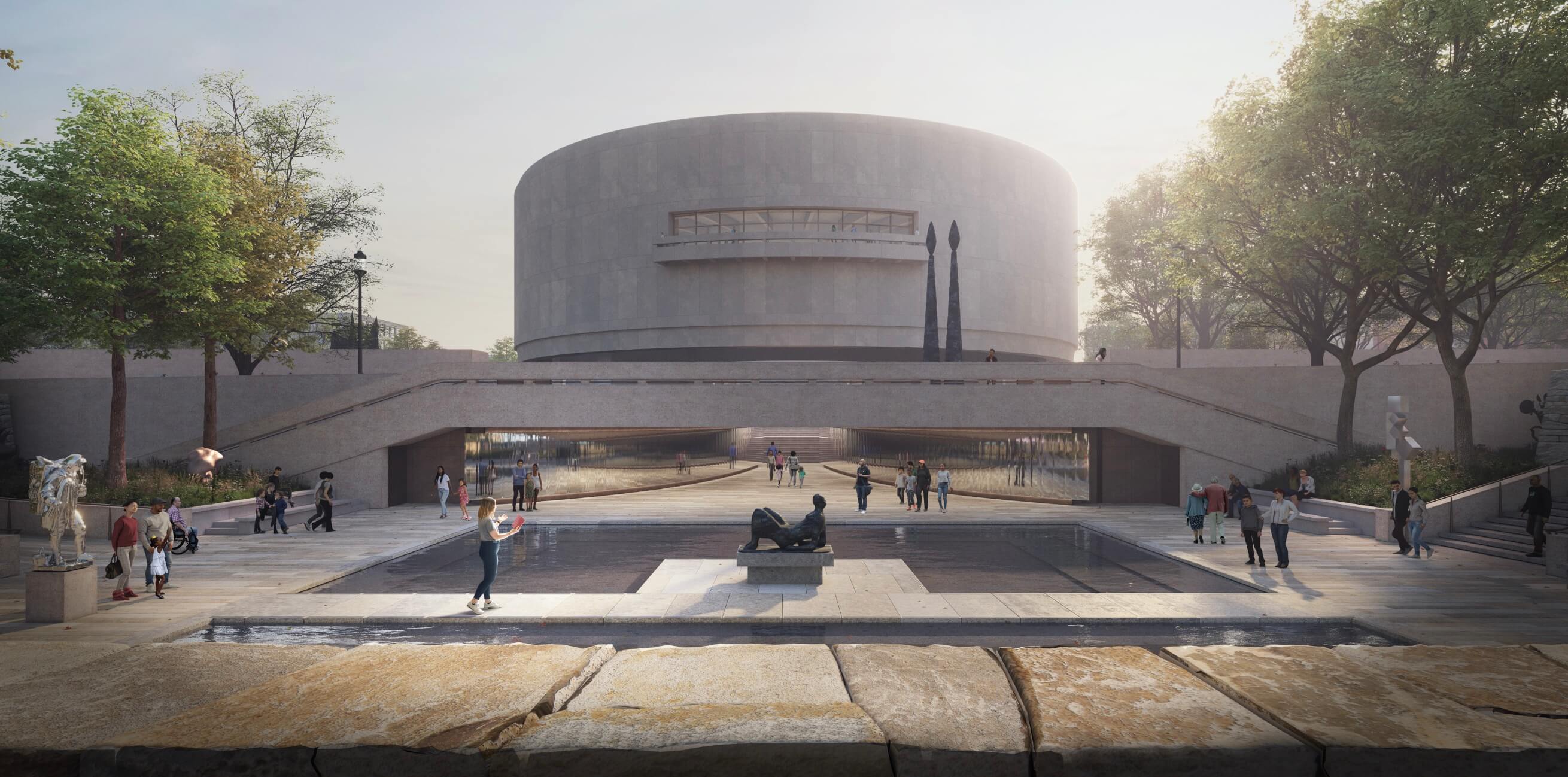 rendering of the hirshhorn museum with its revamped sculpture garden in the foreground
