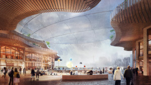 Rendering of a timber canopy atop a smart city cover
