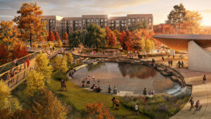 rendering of a park space with a large pond and autumn foliage, inside downtown cary park