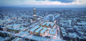 Rendering of the 2026 Milan-Cortina Olympic Village stretching off into the distance during winter