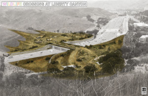 An aerial rendering of the Liberty Canyon Wildlife Crossing.