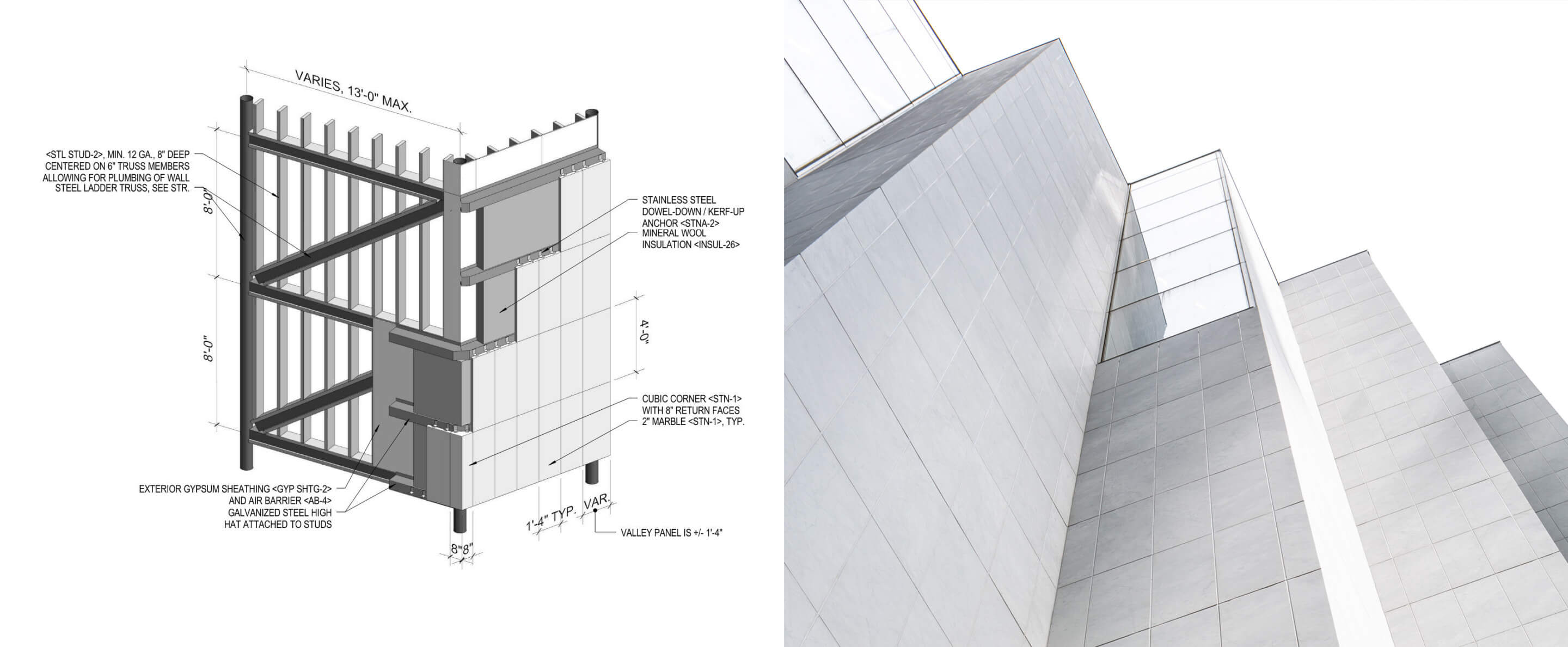 diagram of the facade assembly next to a photo of the completed project