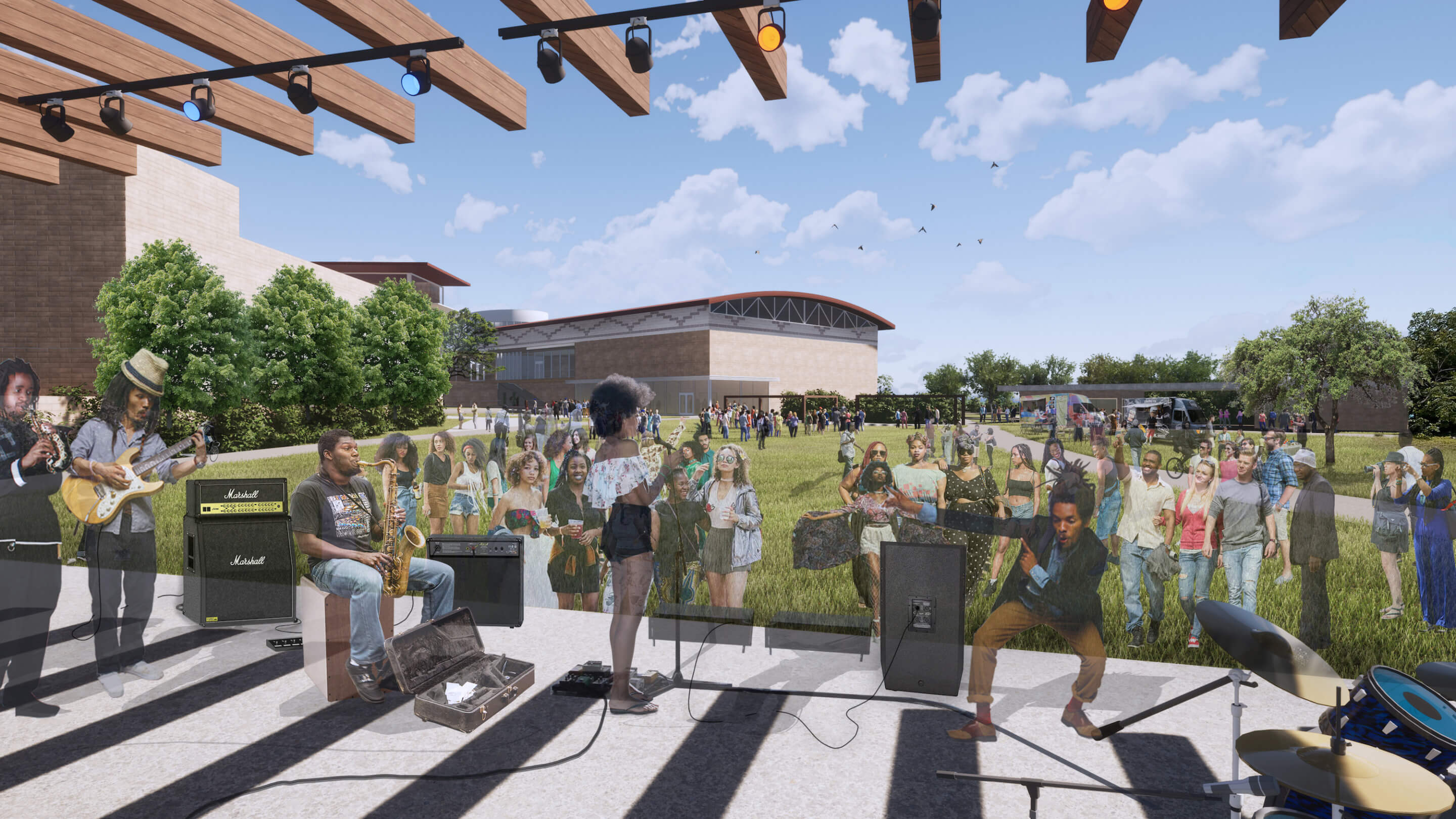rendering of people gathering for a live outdoor concert at the carver museum