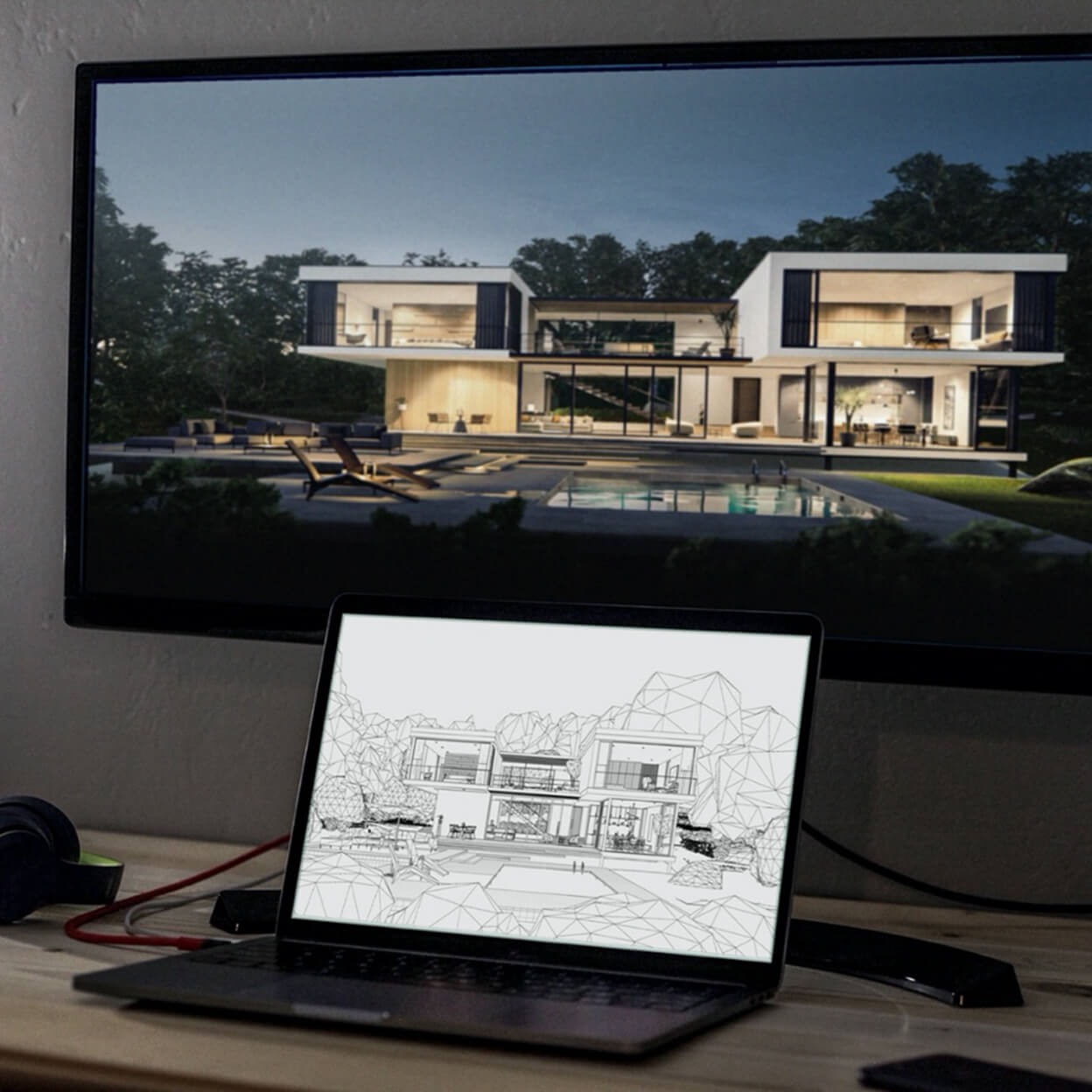 a digital model of a building on a laptop in front of a tv with the same image
