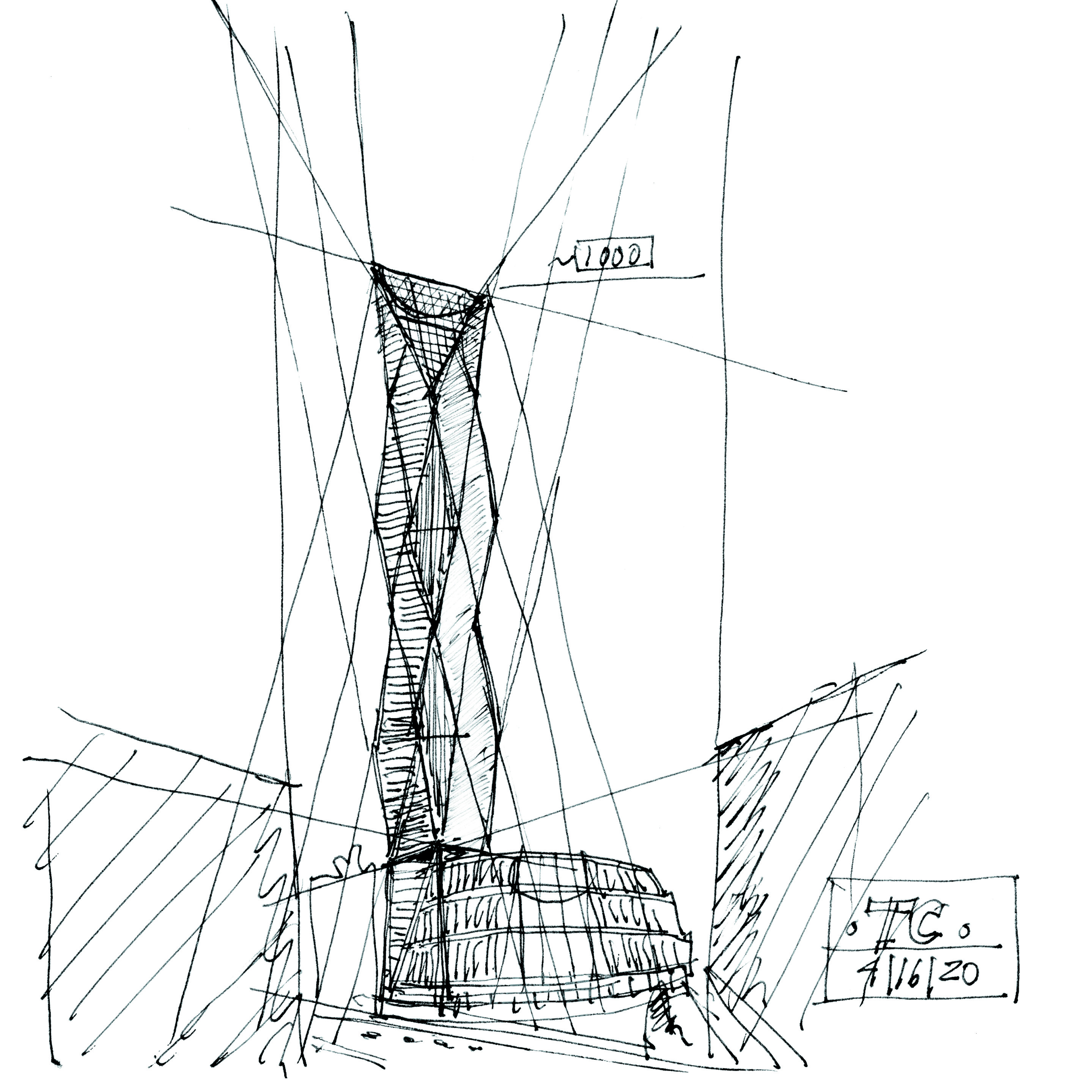A sketch from helmut jahn of a tower