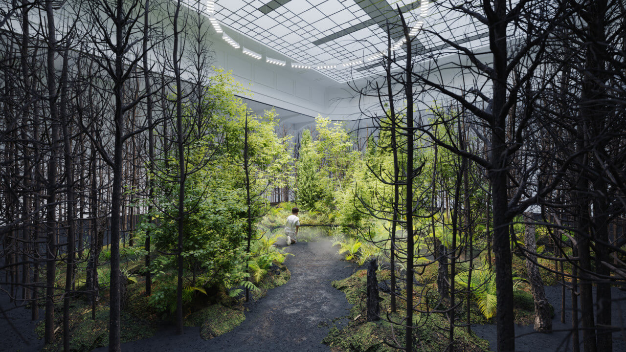 An indoor forest created for the 2021 Vienna Biennale for Change