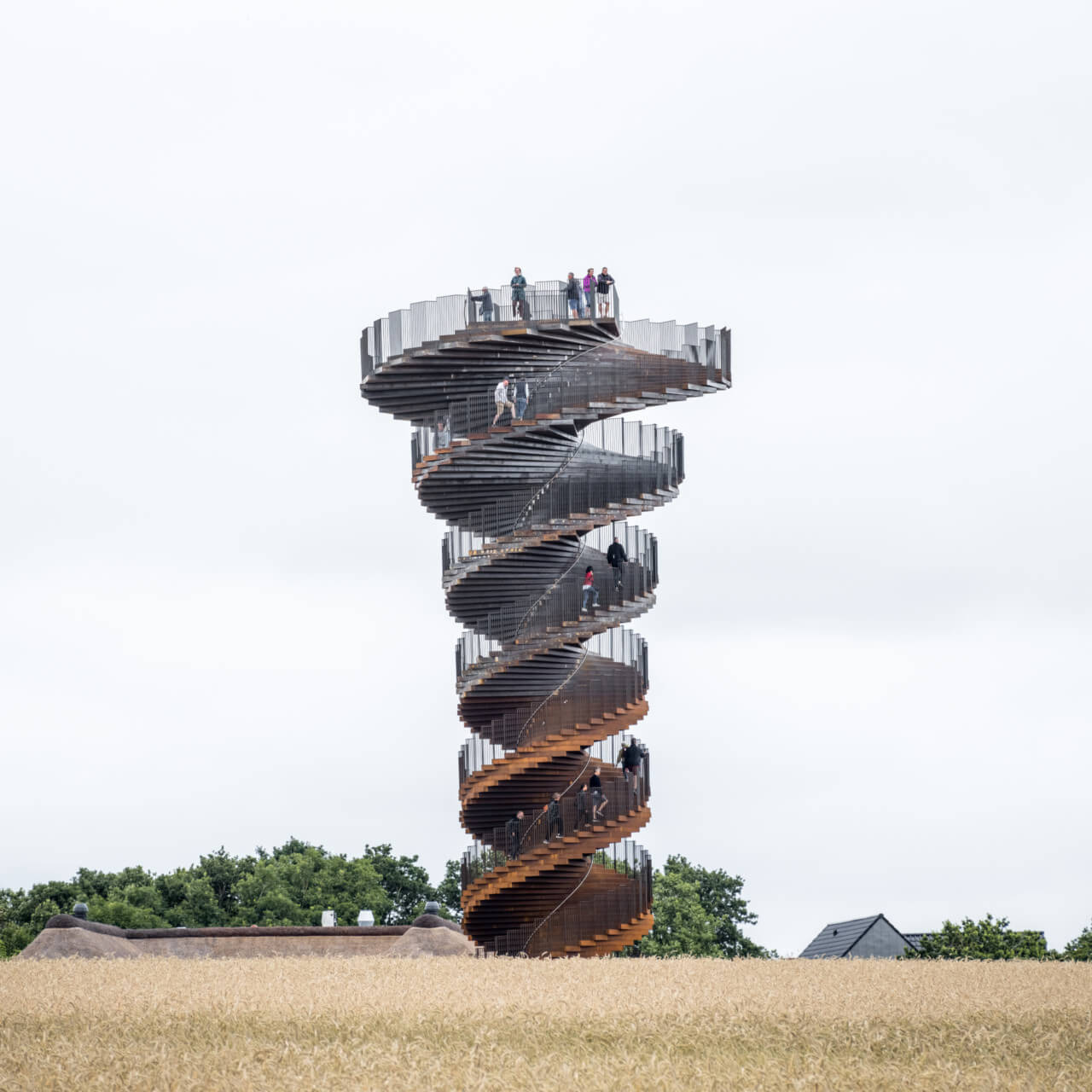 view of a spiraling observation tower surrounded by marshland