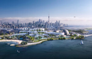 rendering of a curvy, glass-sheathed spa and wellness complex with the toronto skyline visible in the distance