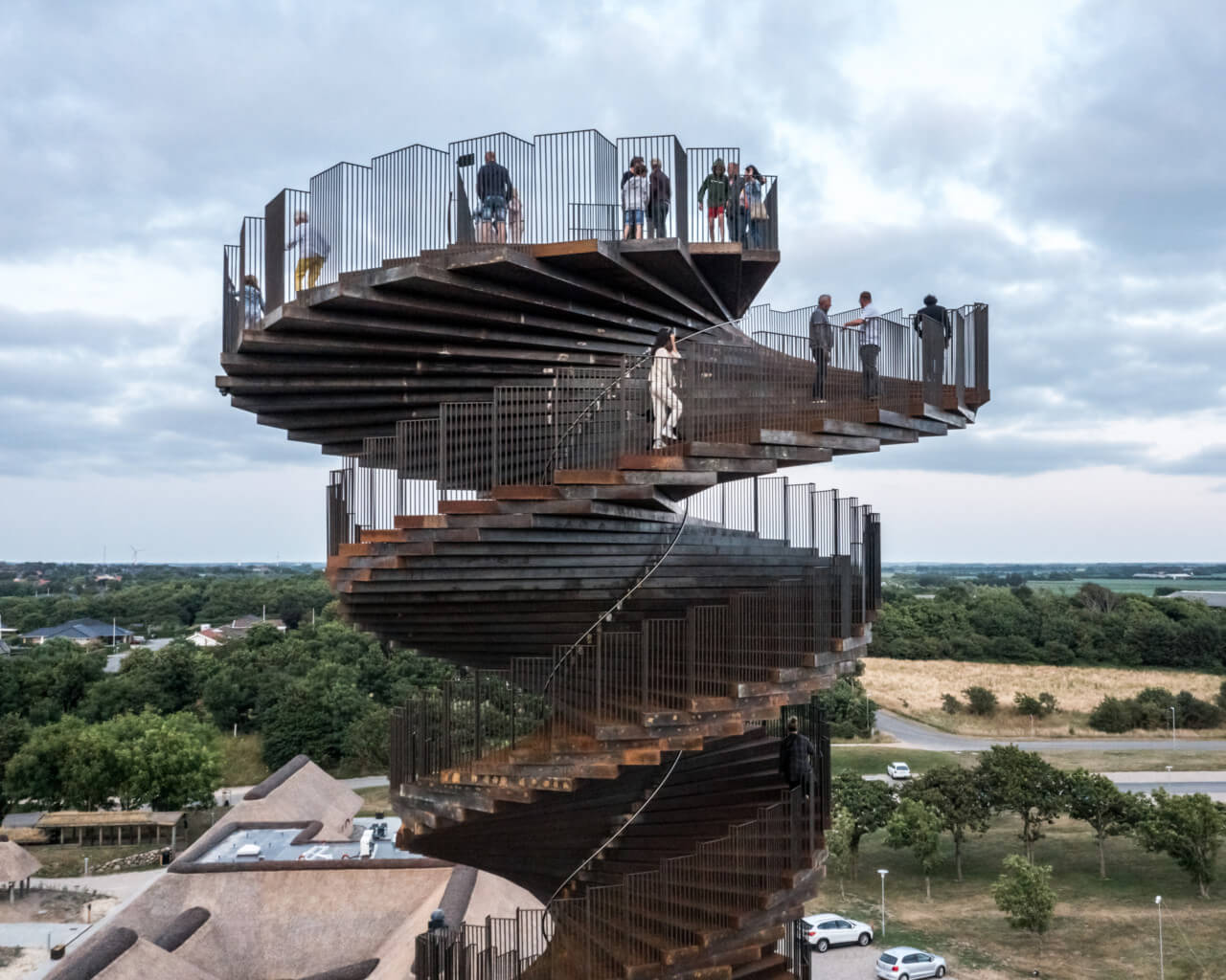 the top of a spiraling steel observation tower