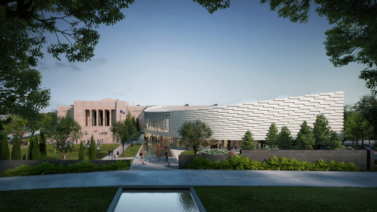 Exterior rendering of a sloped white building connecting to a museum