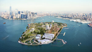 an aerial rendering of governors island built up with educational buildings