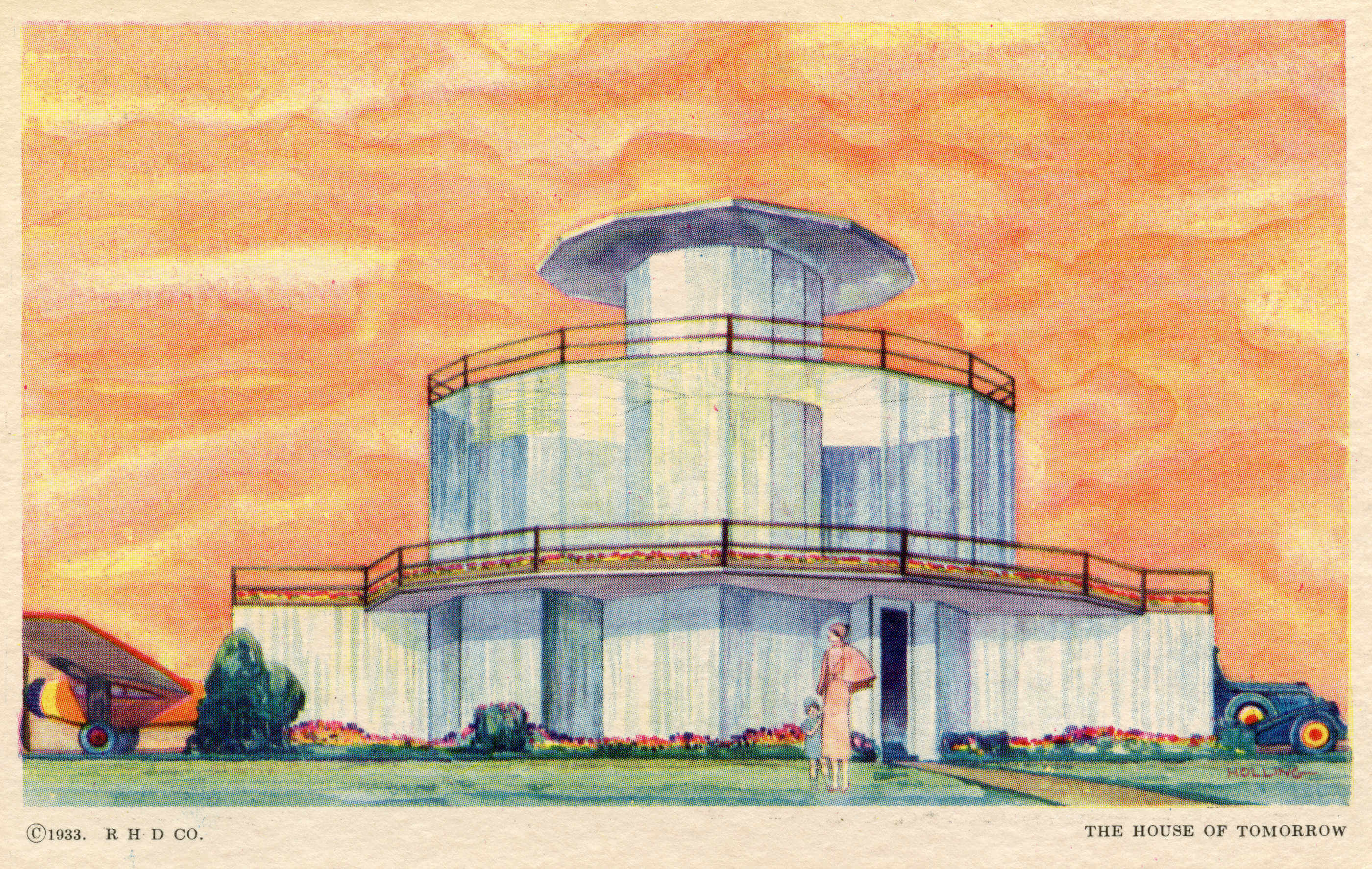 vintage drawing of a circular futuristic house