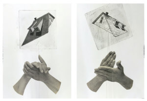 artwork depicting sketches of dormer roofs and clapping hands