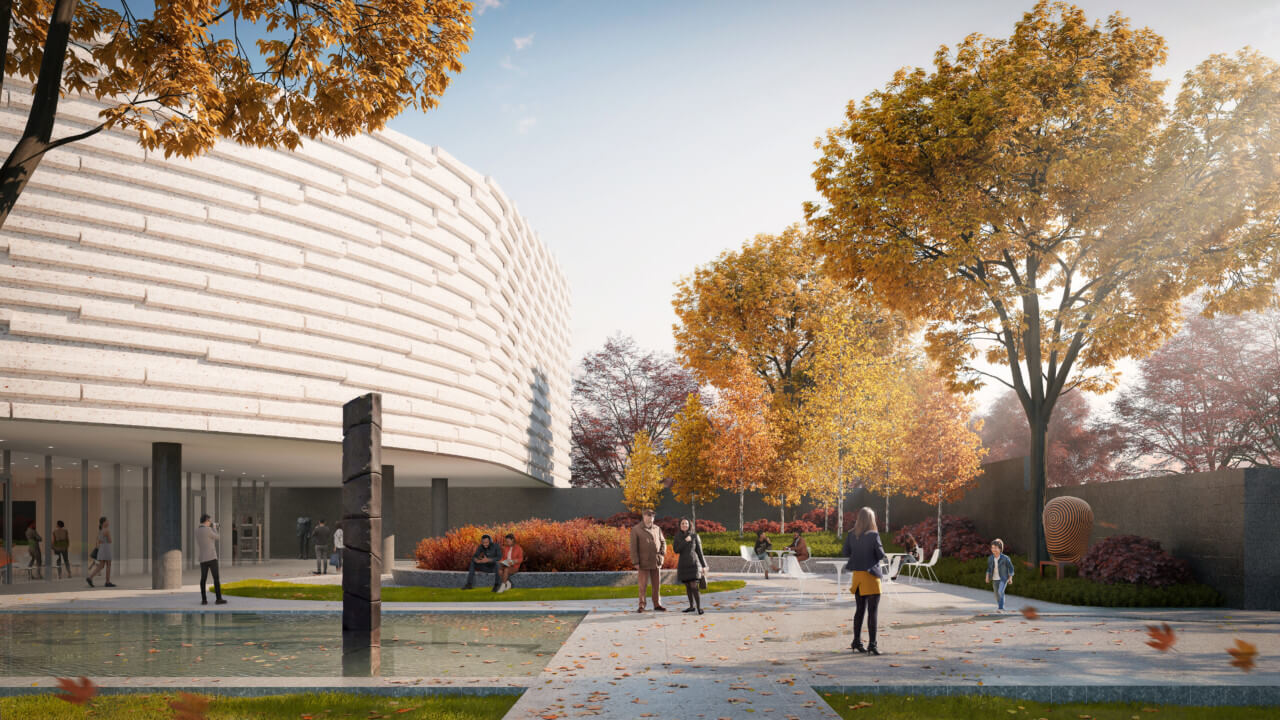 Exterior rendering of the stone-faced Joslyn Art Museum expansion cantilevering over a garden