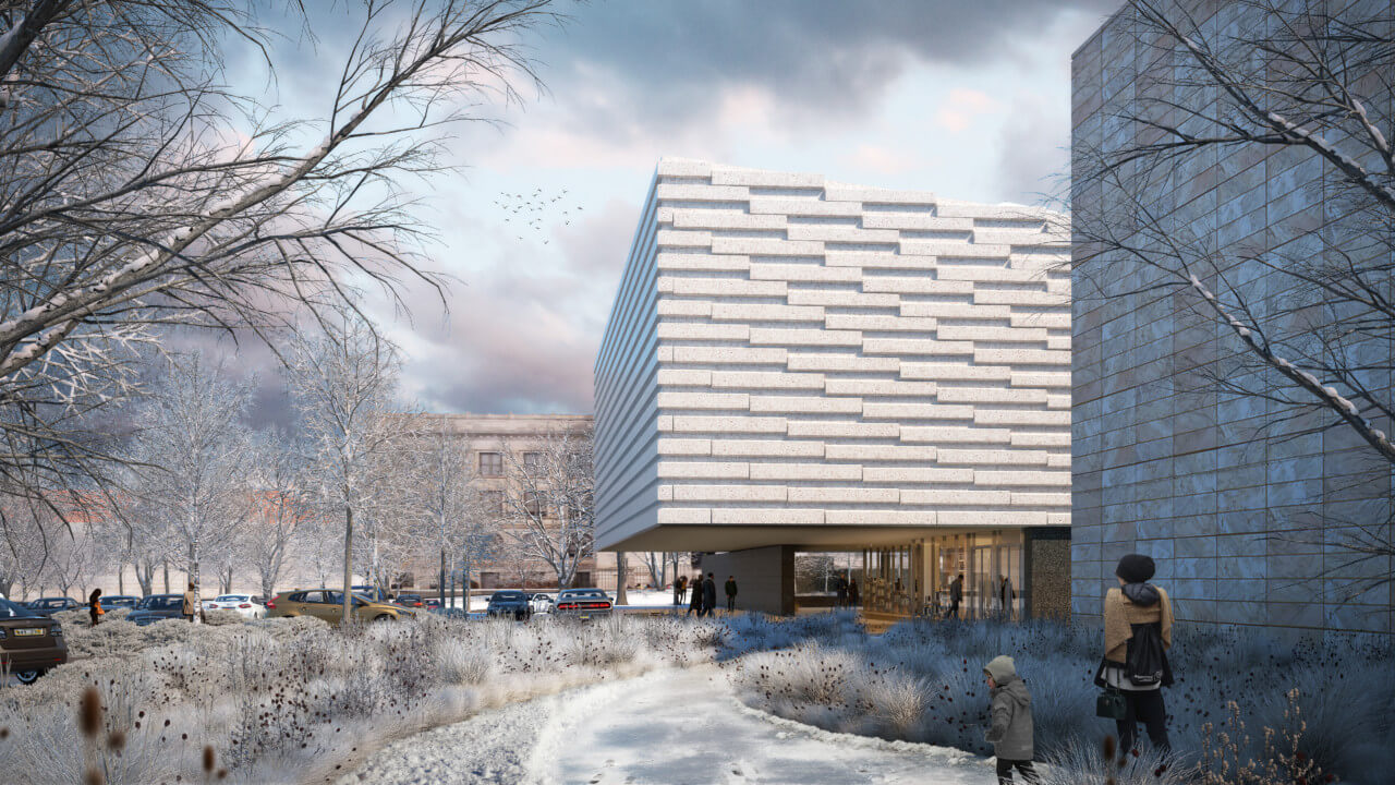 Exterior rendering of a sloped white building connecting to a museum