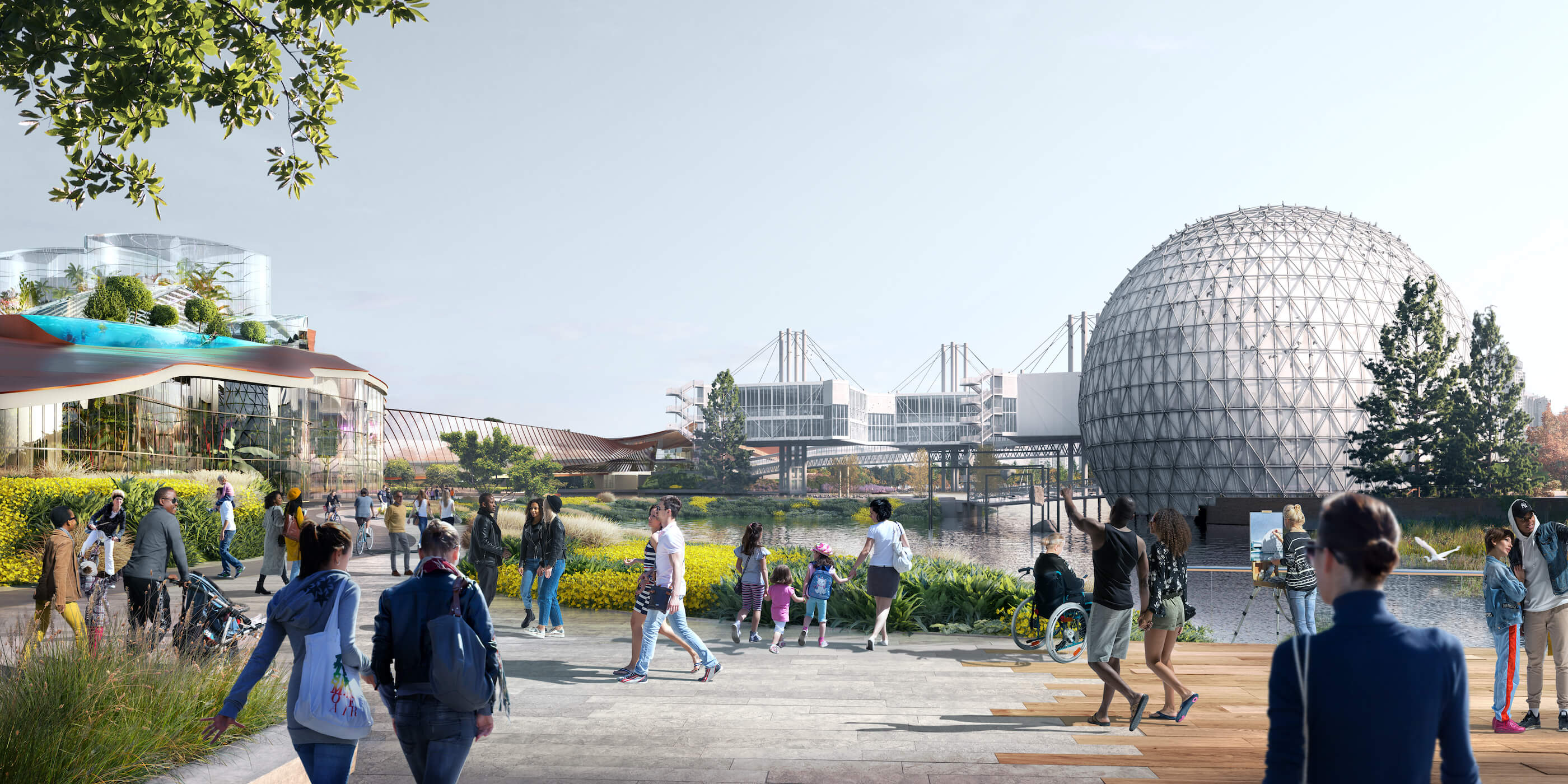 rendering of people walking in a public park with a view of an modernist dome