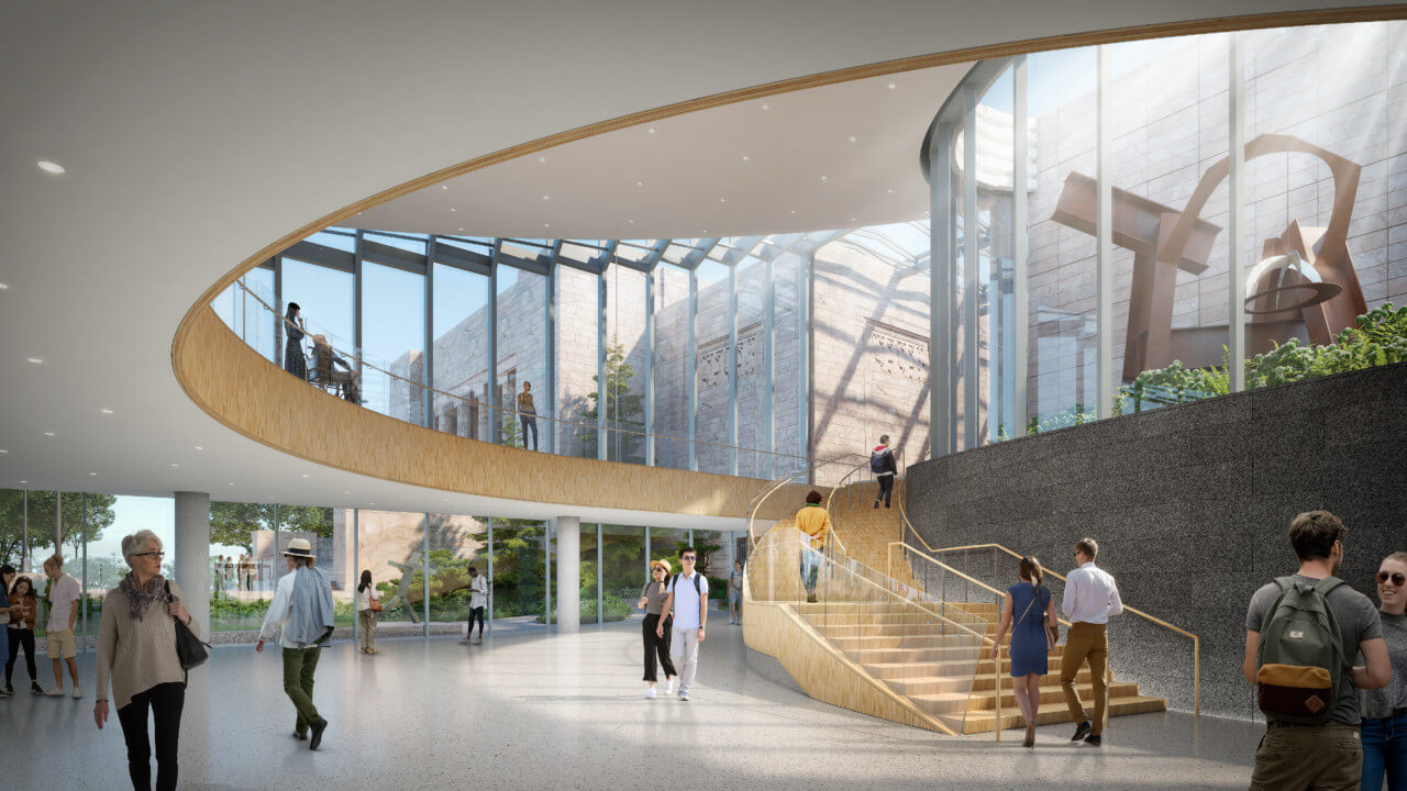 Interior lobby rendering showing a swooping spiral staircase