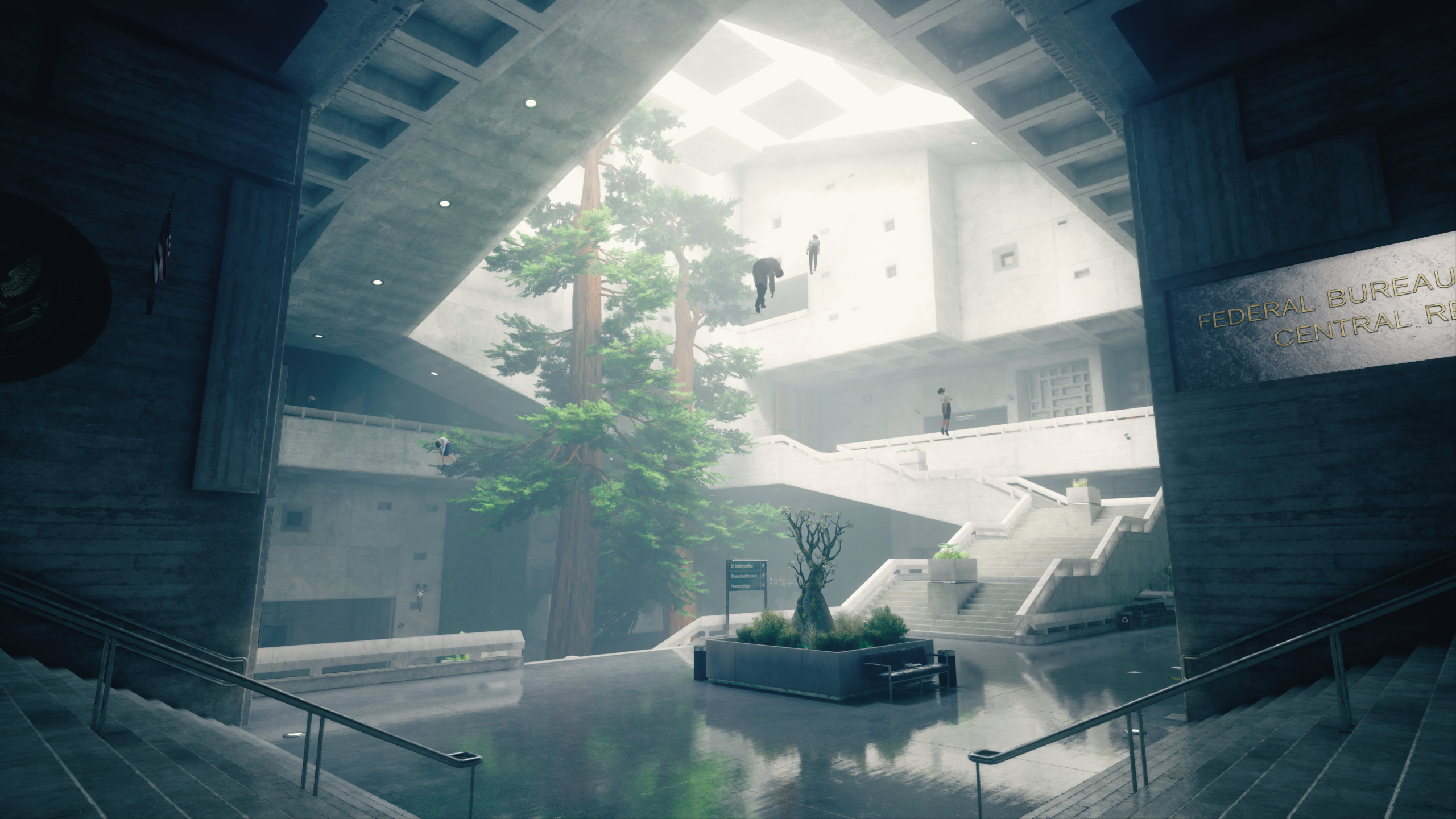 Interior screenshot of a multistory atrium with trees growing at the center