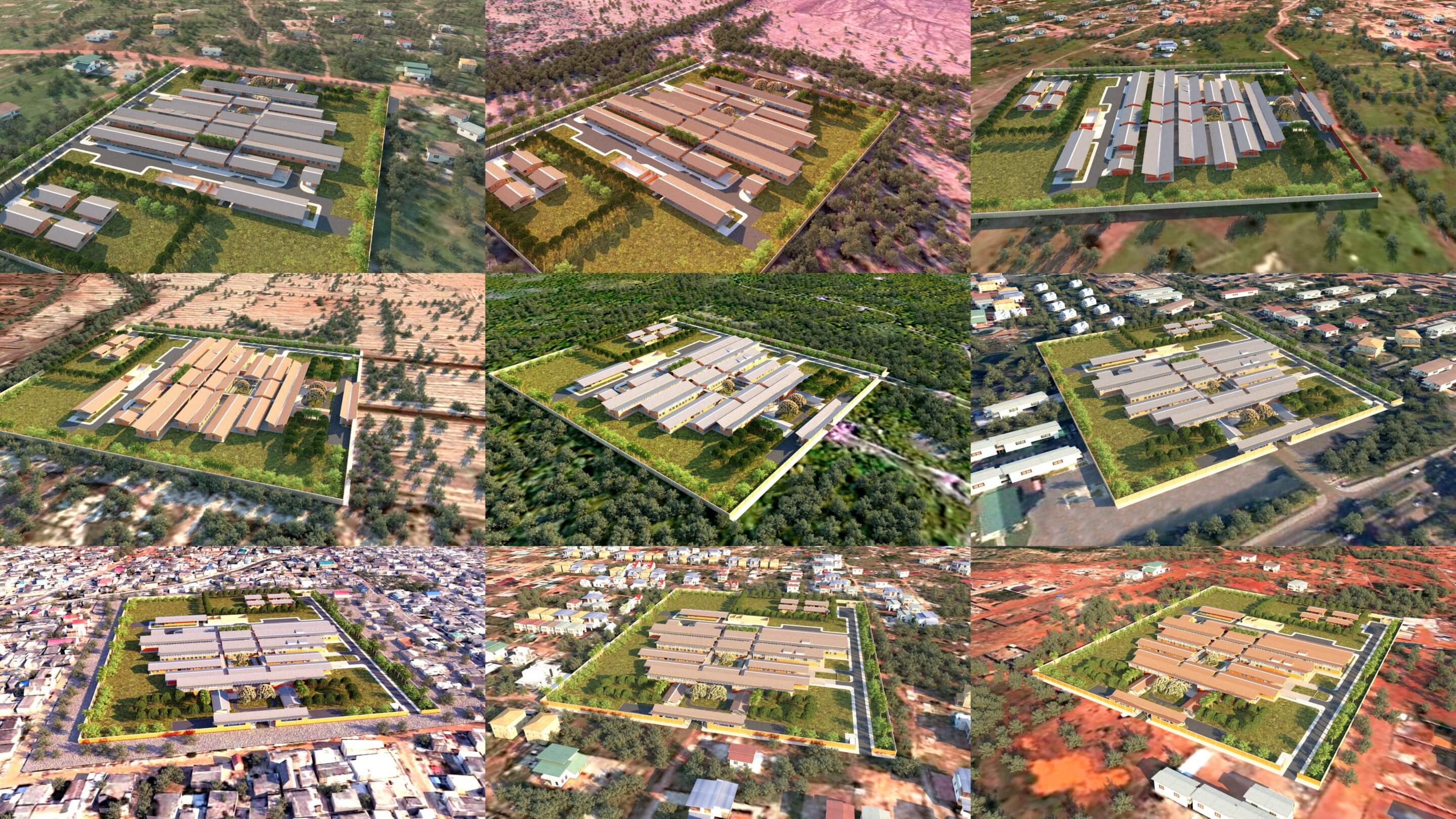 aerial renderings of several hospital complexes designed by adjaye associates
