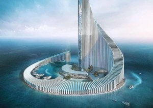 Base of domino tower sitting in the ocean