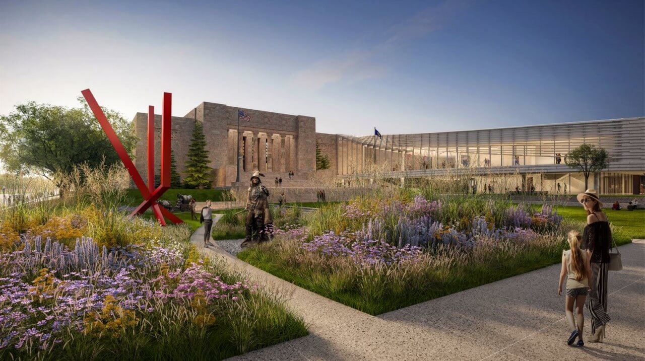 Exterior rendering of a planted sculpture garden with a statue