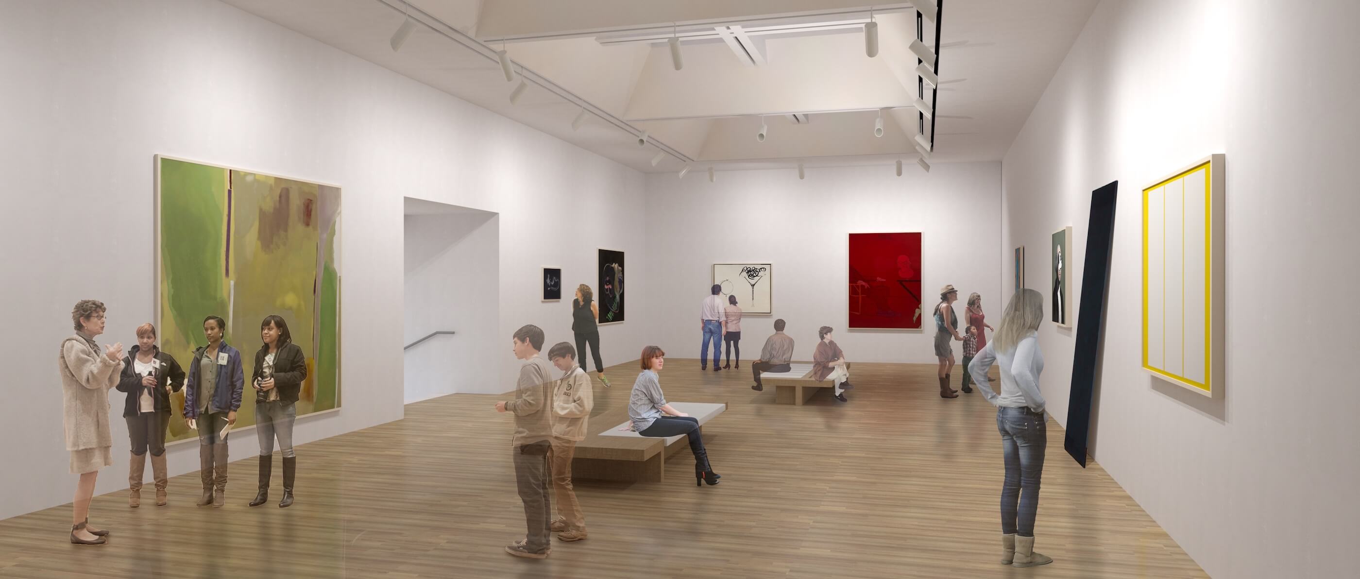 rendering of visitors observing art in a gallery space