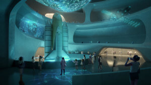interior rendering of a science museum with a space shuttle and undersea atmosphere