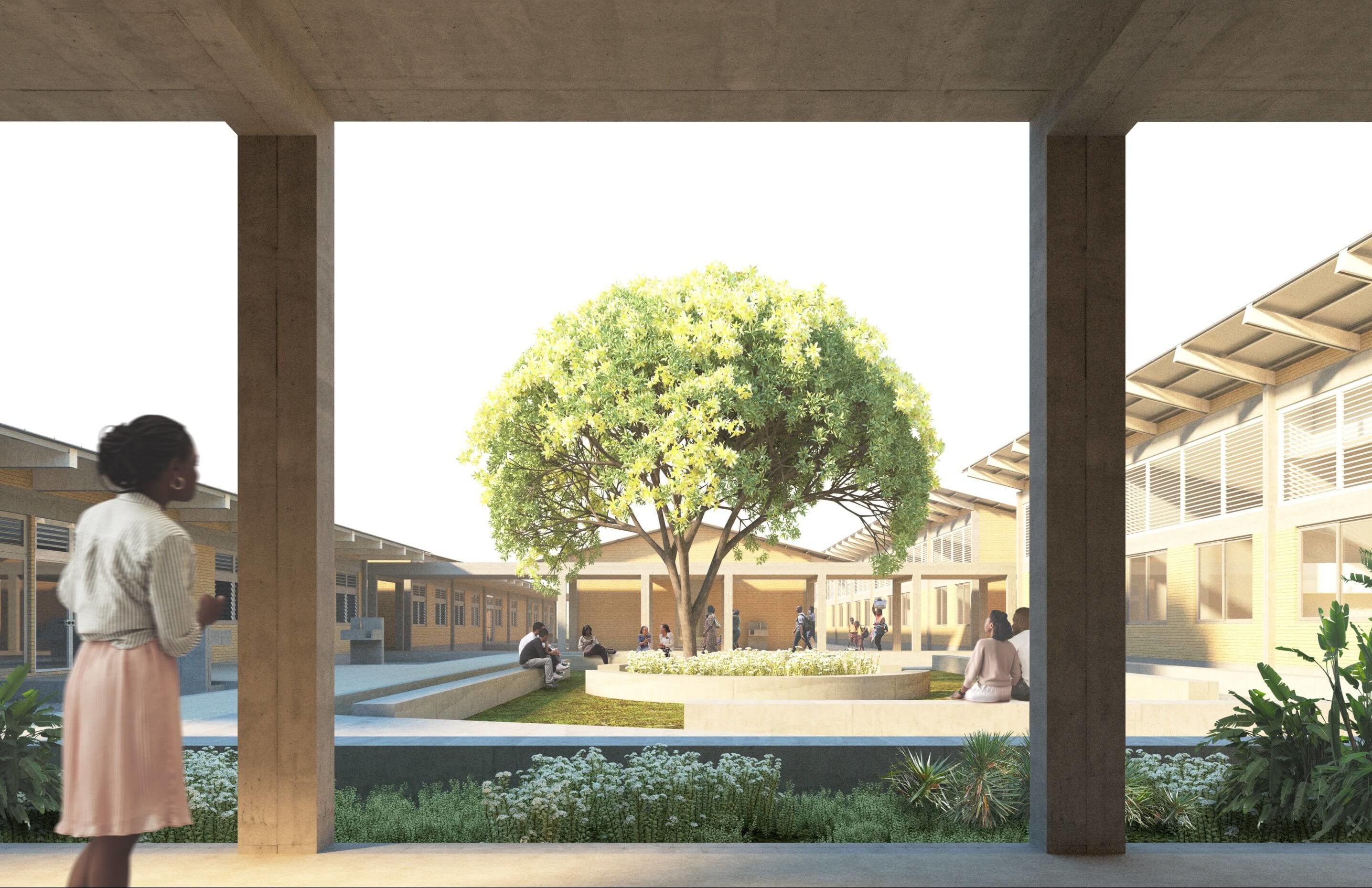 rendering of a tree-anchoring courtyard at an african health complex