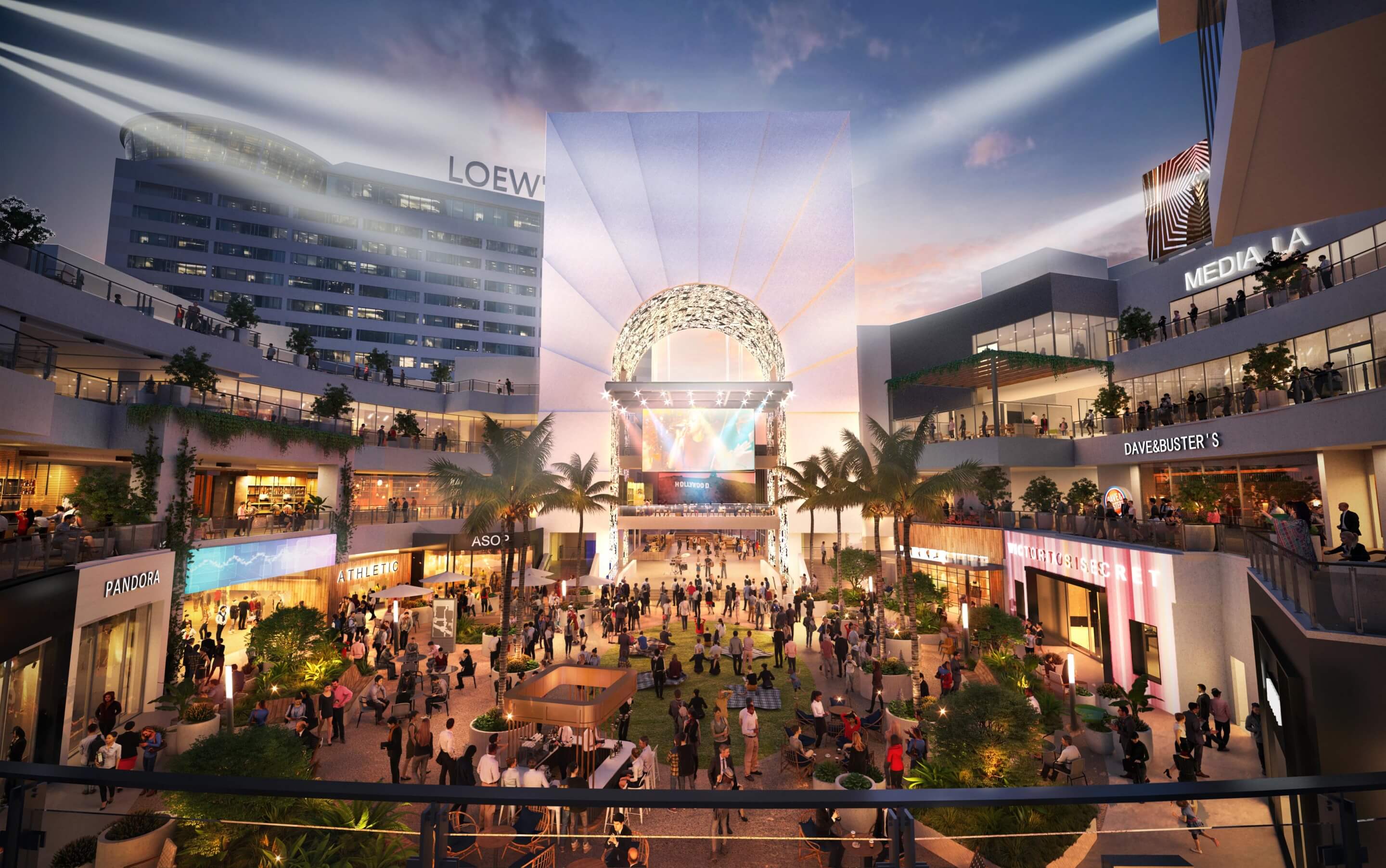 Rendering of a renovated market plaza with lights going everywhere