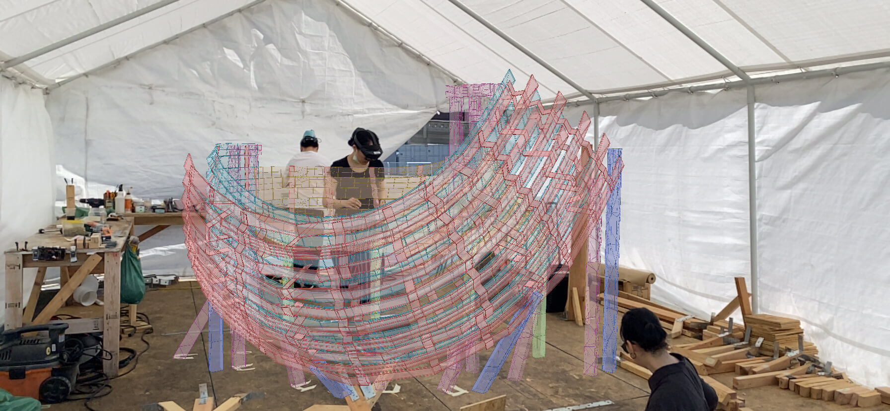 Construction of the pavilion at the center of 2001: a steam odyssey, using AR headsets