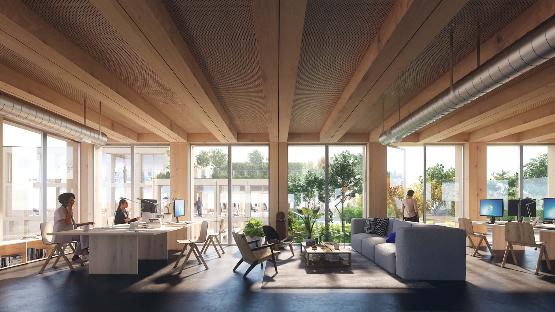 rendering of an open office space with CLT beams