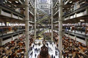 view of a soaring, futuristic atrium space in an financial building designed for lloyd's of london