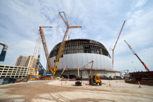 a spherical building under construction, the msg sphere