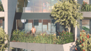 rendering of a man standing on a landscaped terrace