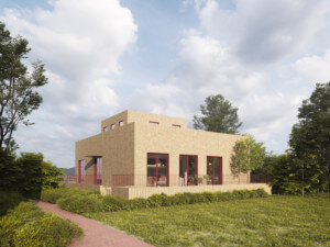 Construction rendering of a squat boxy home in on olive