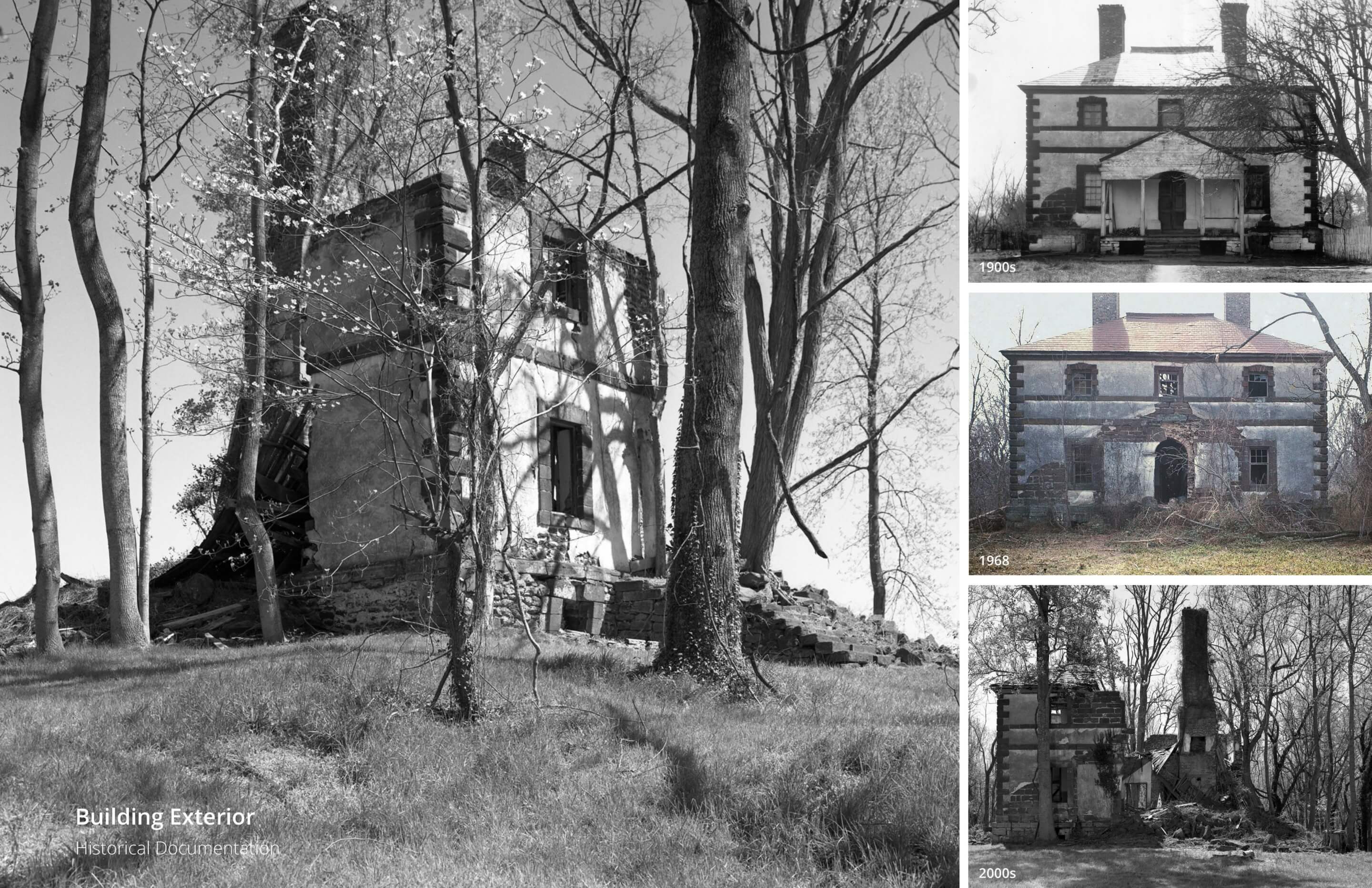 Historical documentation of a two story home through the last 100 years, showing a crumbling building