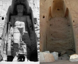 Image of the Bamiyan Buddhas pre and post demolition in Afghanistan