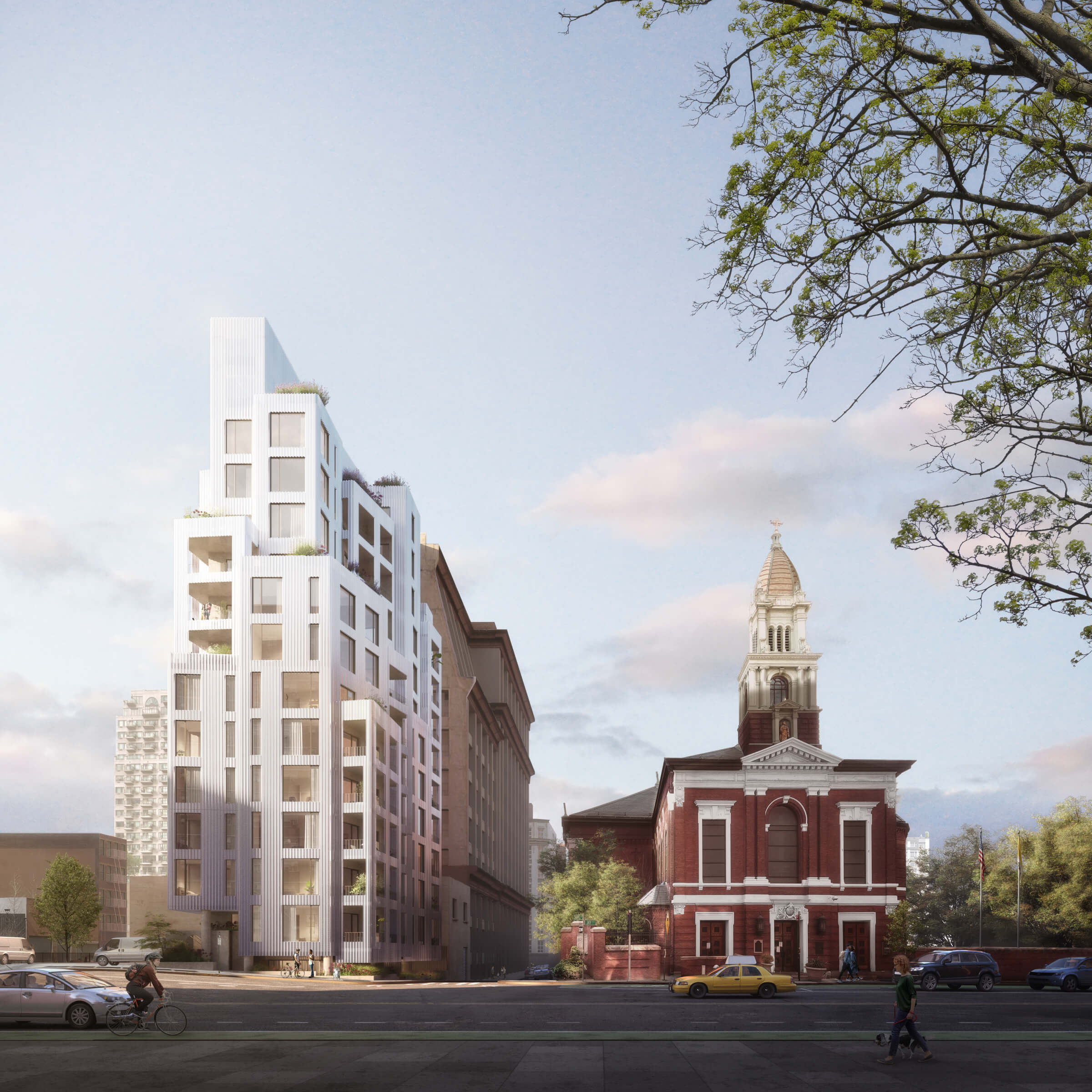 Skyline rendering of a tall apartment building next to a church