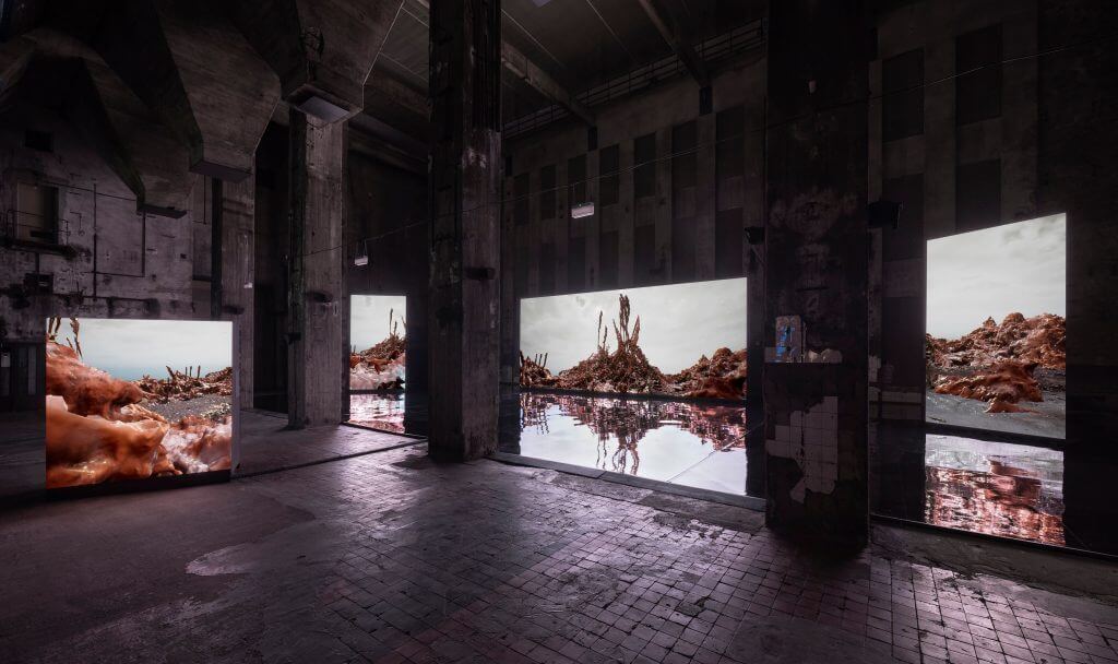 Inside a concrete factory with art projected on the walls of swamps